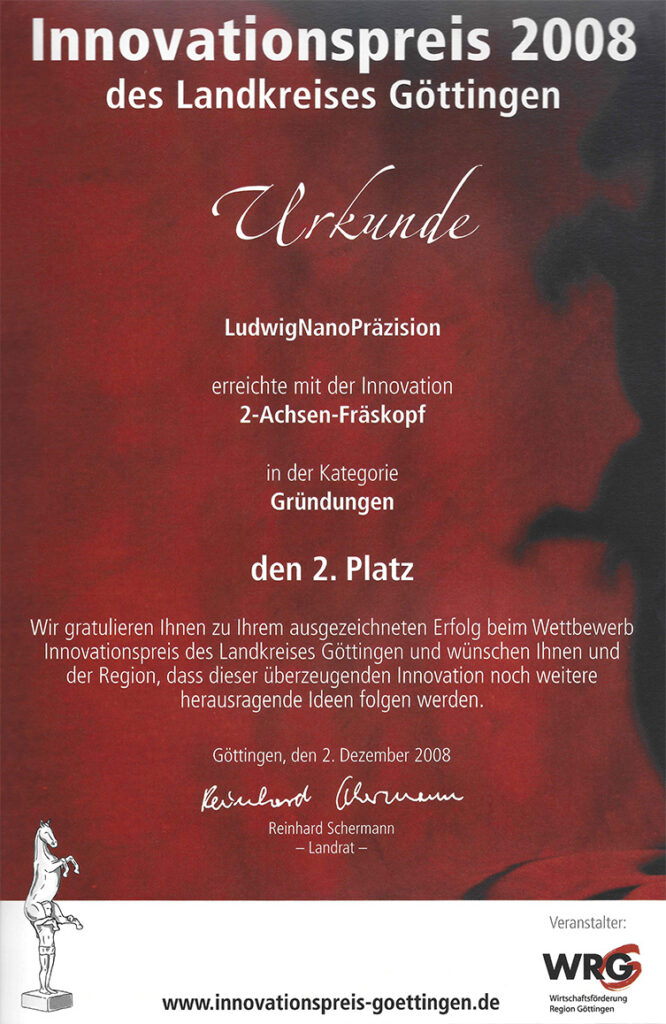 Urkunde für den zweiten Platz beim Innovationspreis Göttingen 2008 für die Ludwig Nano Präzision GmbH