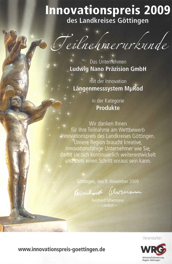 Urkunde für den zweiten Platz beim Innovationspreis Göttingen 2009 für die Ludwig Nano Präzision GmbH
