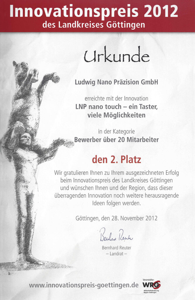 Urkunde für den zweiten Platz beim Innovationspreis Göttingen 2012 für die Ludwig Nano Präzision GmbH